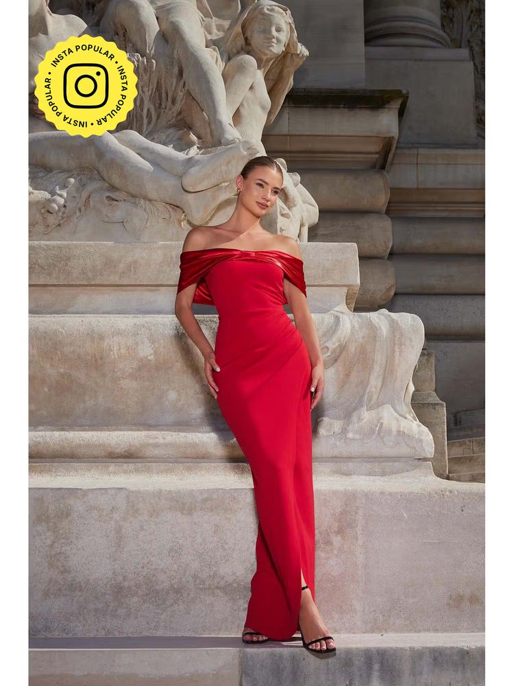 Red Scuba Crepe Satin Bardot Ruched Maxi Dress