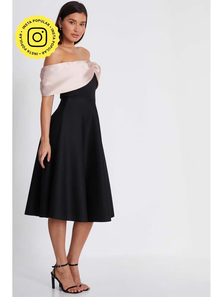 Black Scuba Satin Bardot Midi Skater Dress
