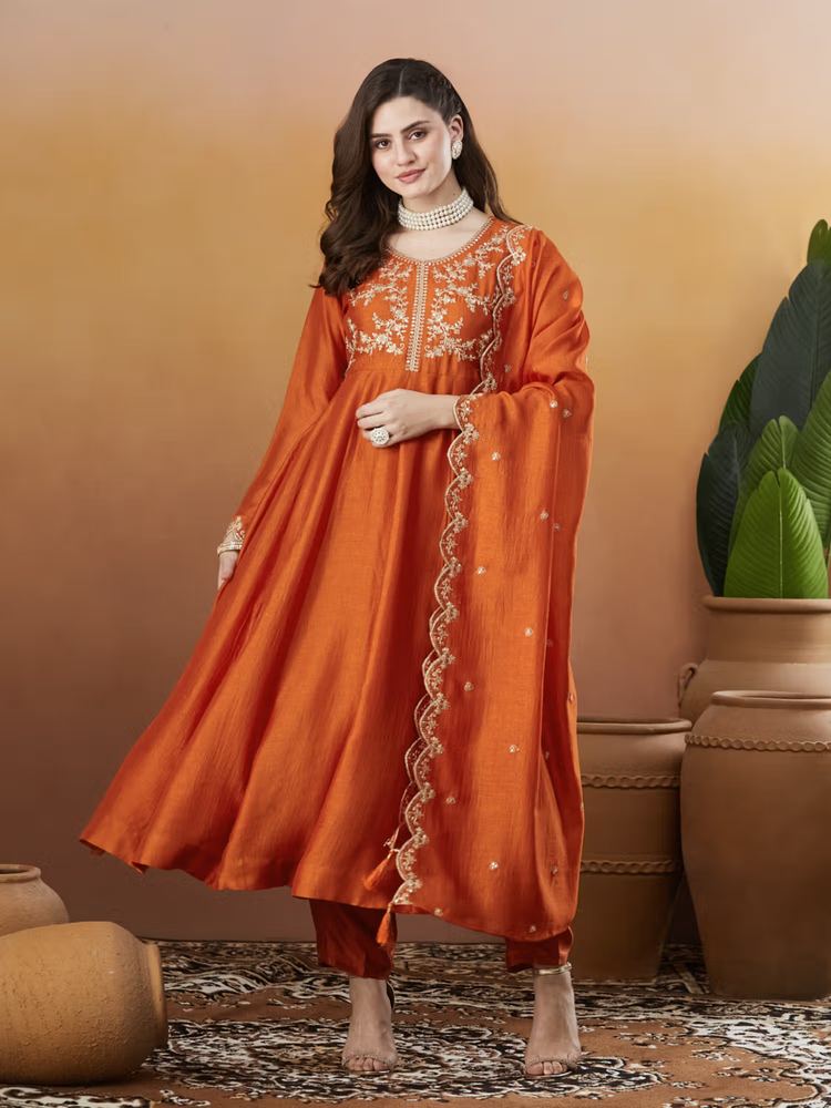Women Orange Embroidered Silk Anarkali Kurta with Pant and Dupatta