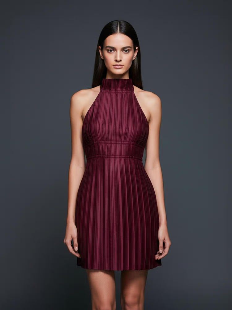 Burgundy Pleated Satin Halter Neck Tie Back A-Line Mini Dress