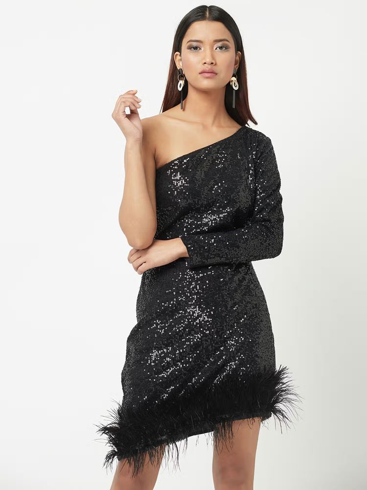 Black Sequins Glistening One Shoulder Dress