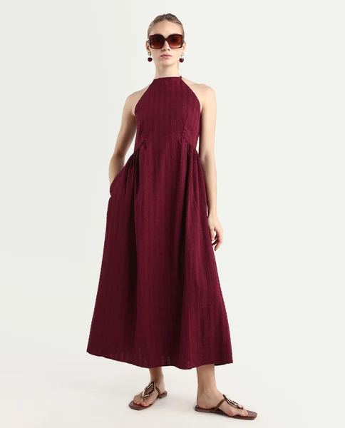 Women Maroon Fit And Flare Fit Sleeveless Halter Neck Dress