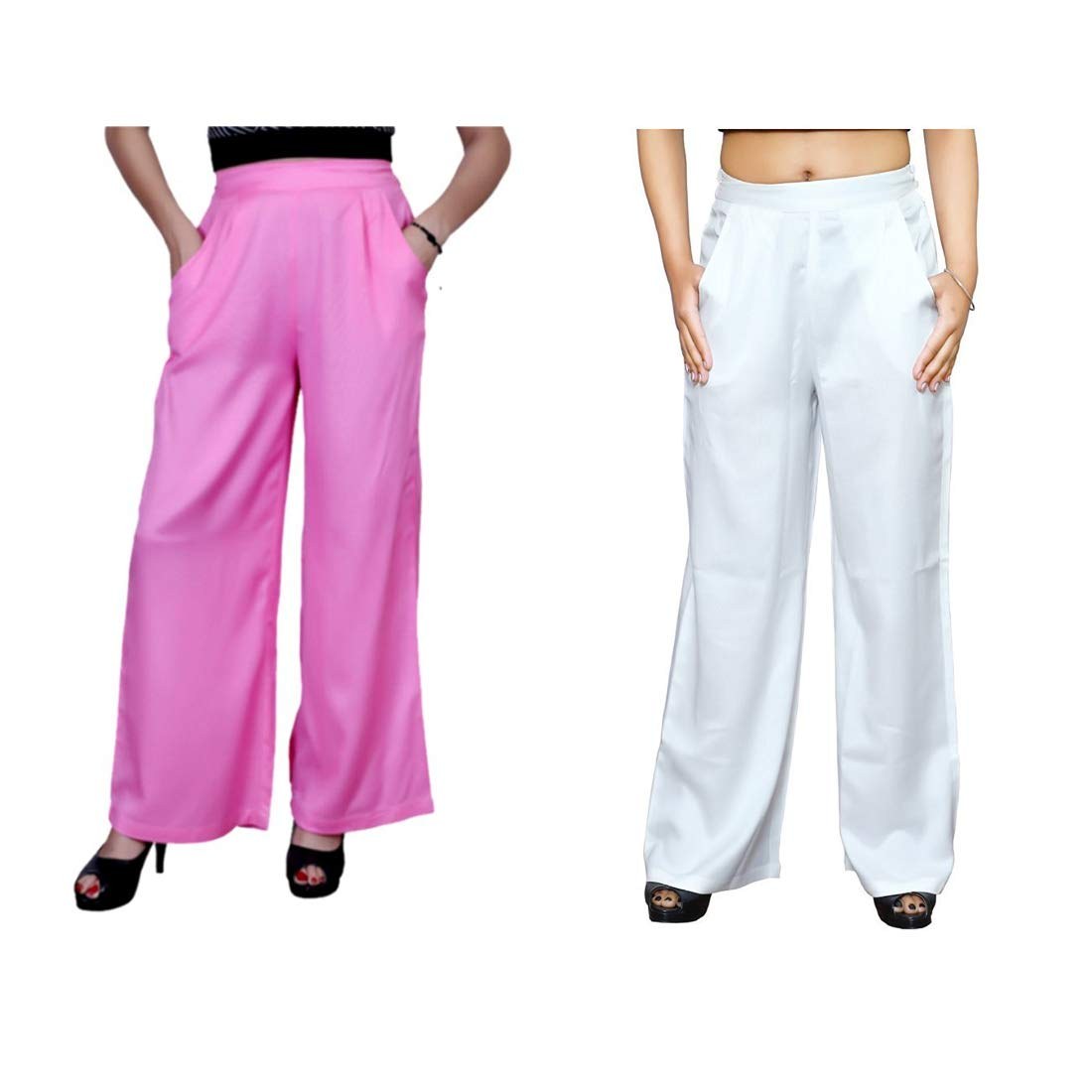 Lili Women's Plain Rayon Palazzo Pant (XL, Pack of 2, Baby Pink & White)