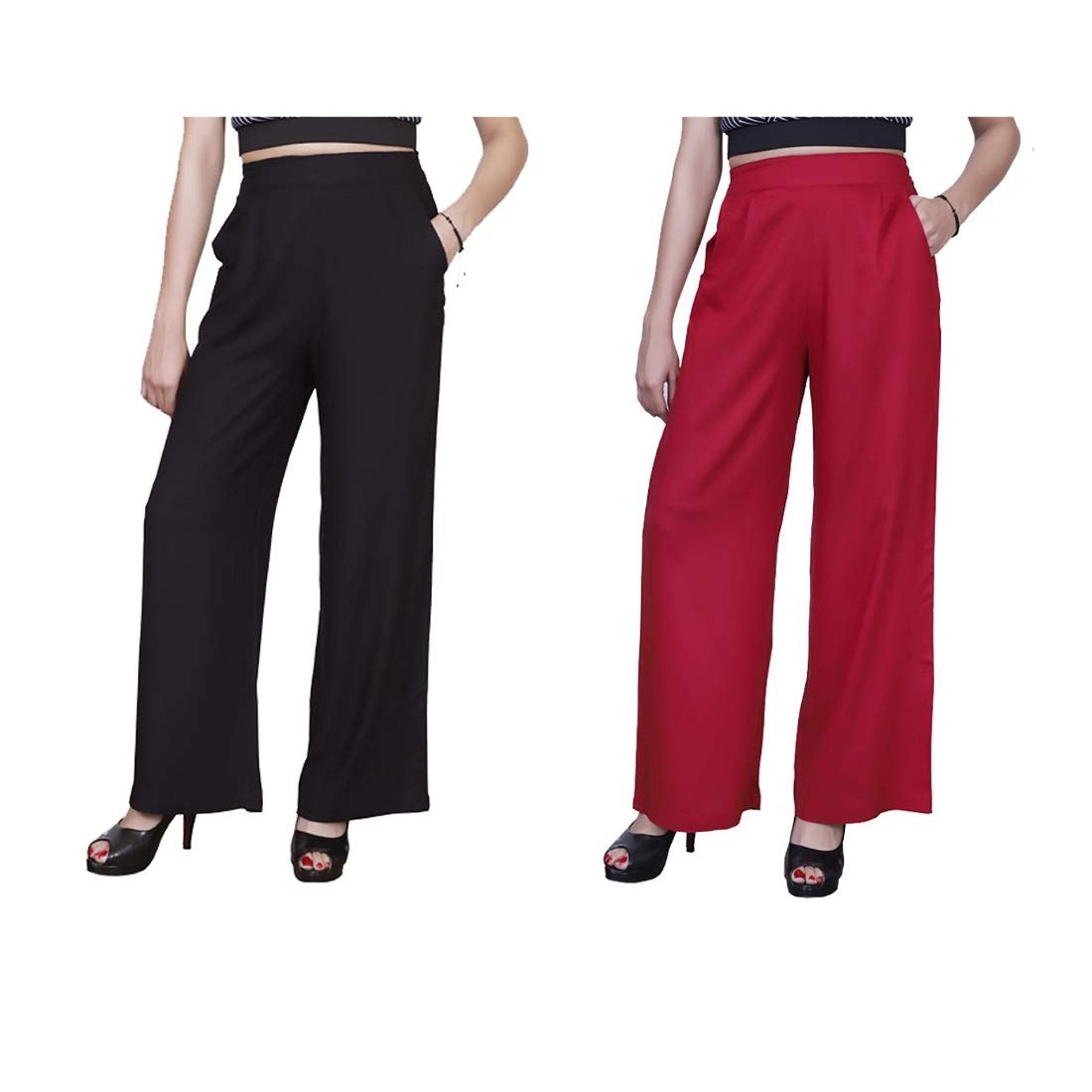 Omikka Women's Plain Rayon Palazzo Pant (Pack of 2, 4XL, Black & Maroon)