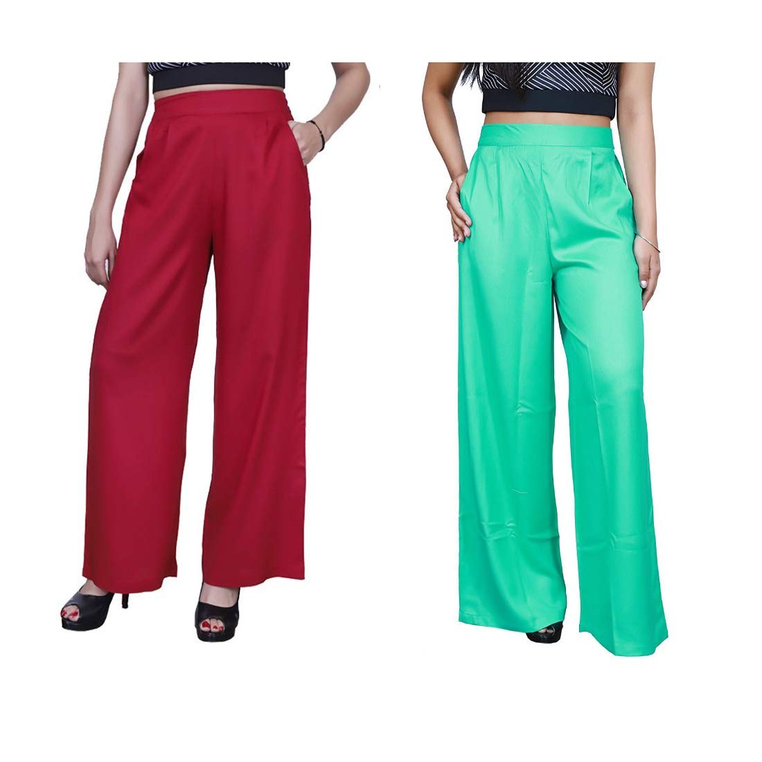 Lili Women's Plain Rayon Palazzo Pant (XXL, Pack of 2, Maroon & Sea Green)