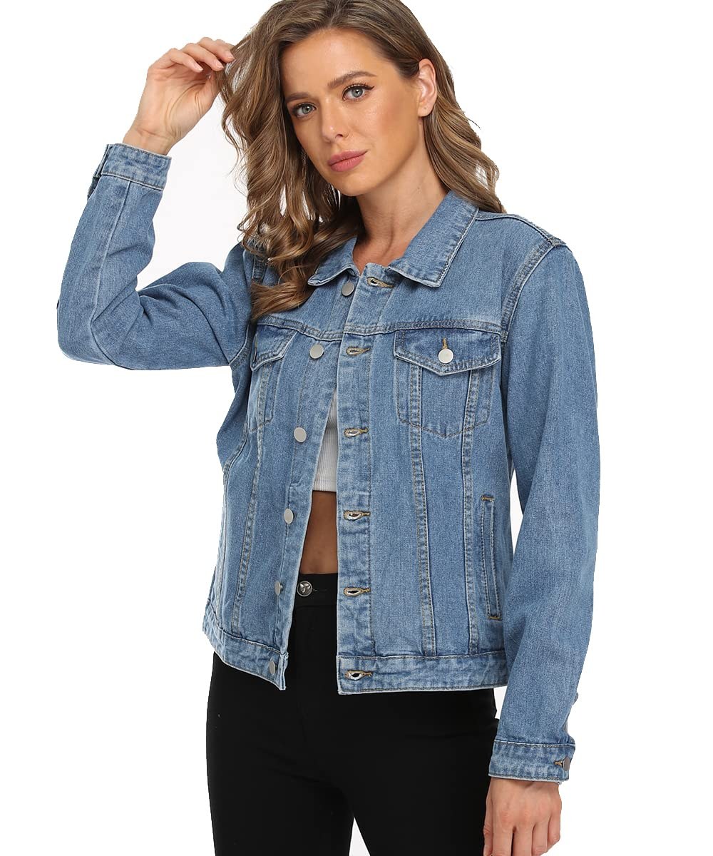 PEIQI Classic Jean Jackets for Women Basic Long Sleeve Button Downs Ripped Denim Jackets