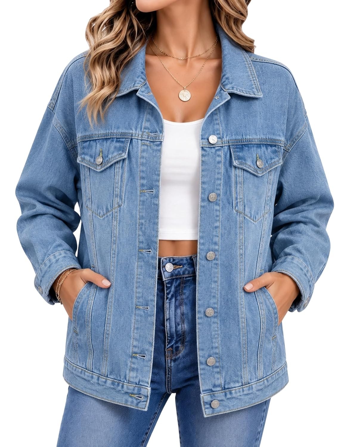 Gozoloma Women's Casual Loose Oversized Denim Jacket Long Sleeved Button Jean Jacket Coat Tops