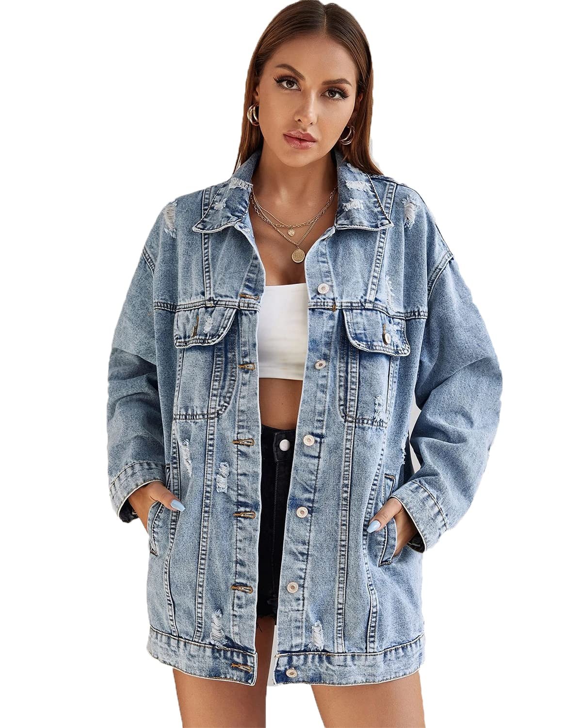 YILANUOYI Women Casual Oversize Denim Jackets Mid Long Vintage Ripped Jean Coats