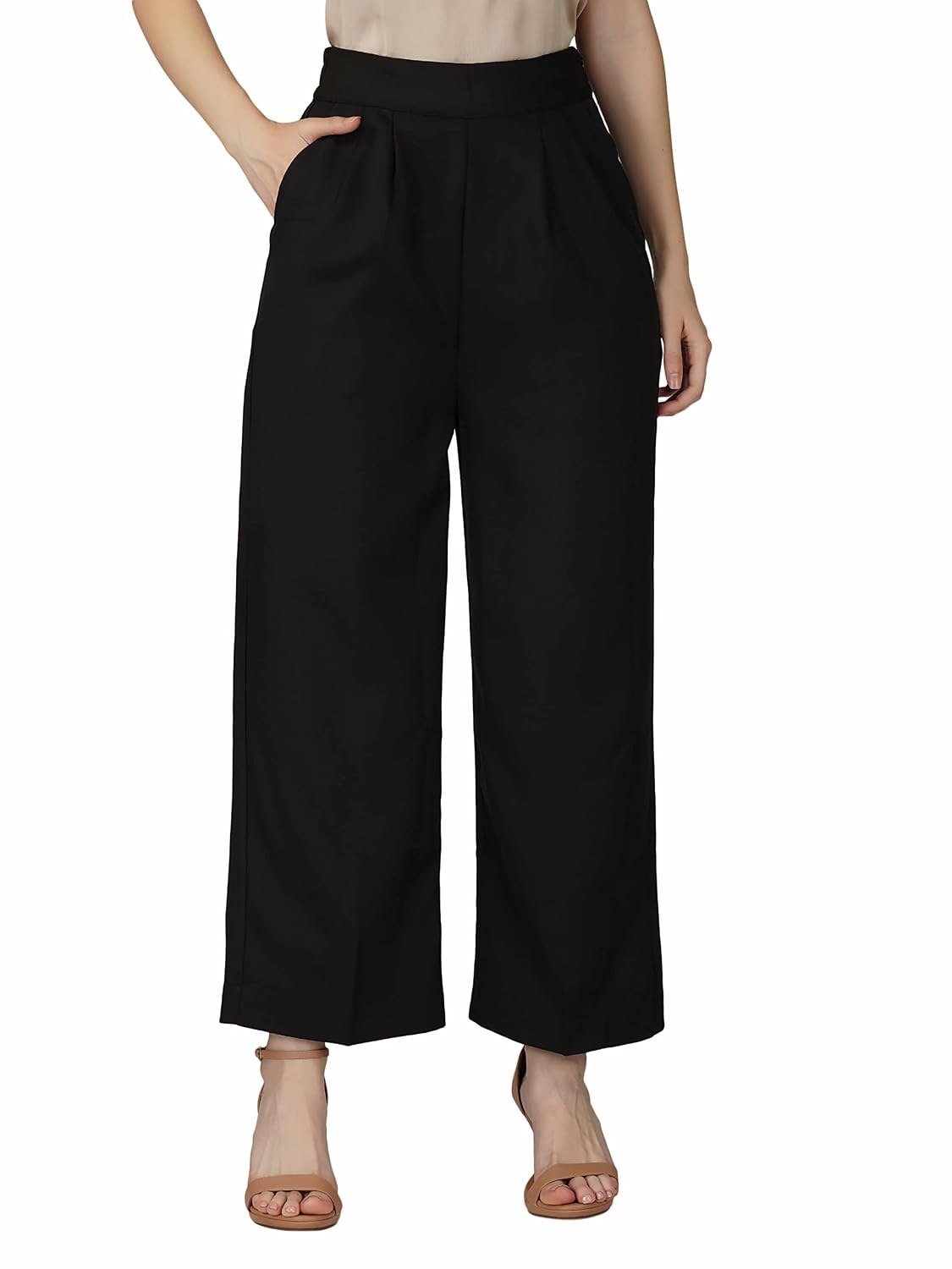 fabcoast High Waist Wide Leg Loose Relaxed fit Women Pants - Flare Style, Half Waistband, Soft and Breathable Fabric - Ideal for Casual and Formal Wear.