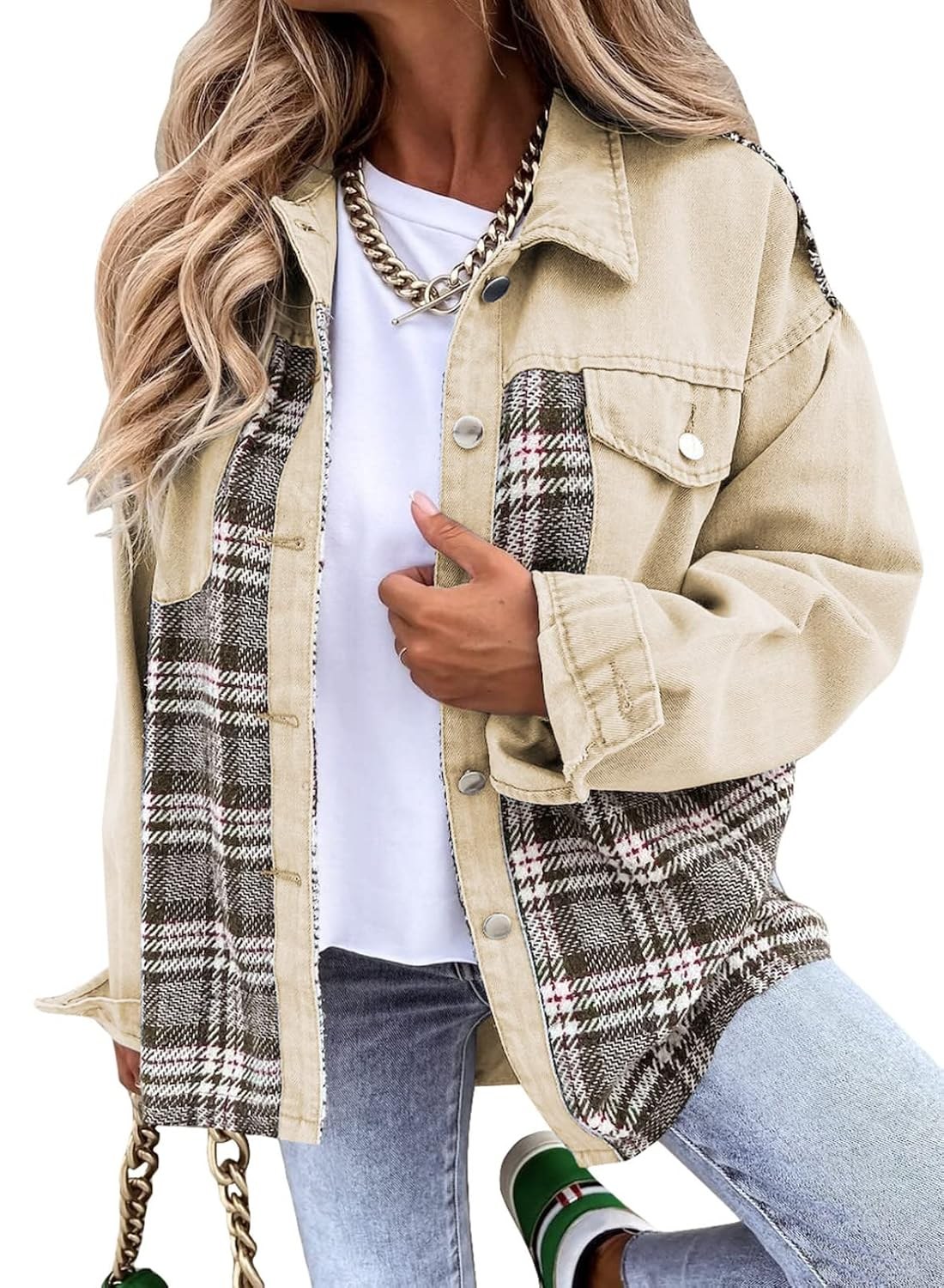 SHEWIN Womens Oversized Denim Jacket Casual Long Sleeve Button Down Plaid Shacket Boyfriend Jean Jacket With Pockets