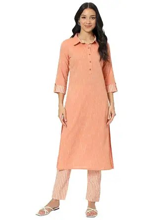 Airy Linen Kurta Pant Set for Women's | 3/4 Sleeves, Knee Length Straight Kurti with Pant | Regular Fit Casual Ethnic Kurti Set