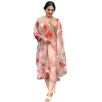 SHIENZY Women's Kurta Set with Dupatta| Cotton Blend Printed Embroidered V Neck Kurta Set for Women| Floral Ethnic Wear Kurta Set| Straight Fit Dress Set for Festive| Office| Casual