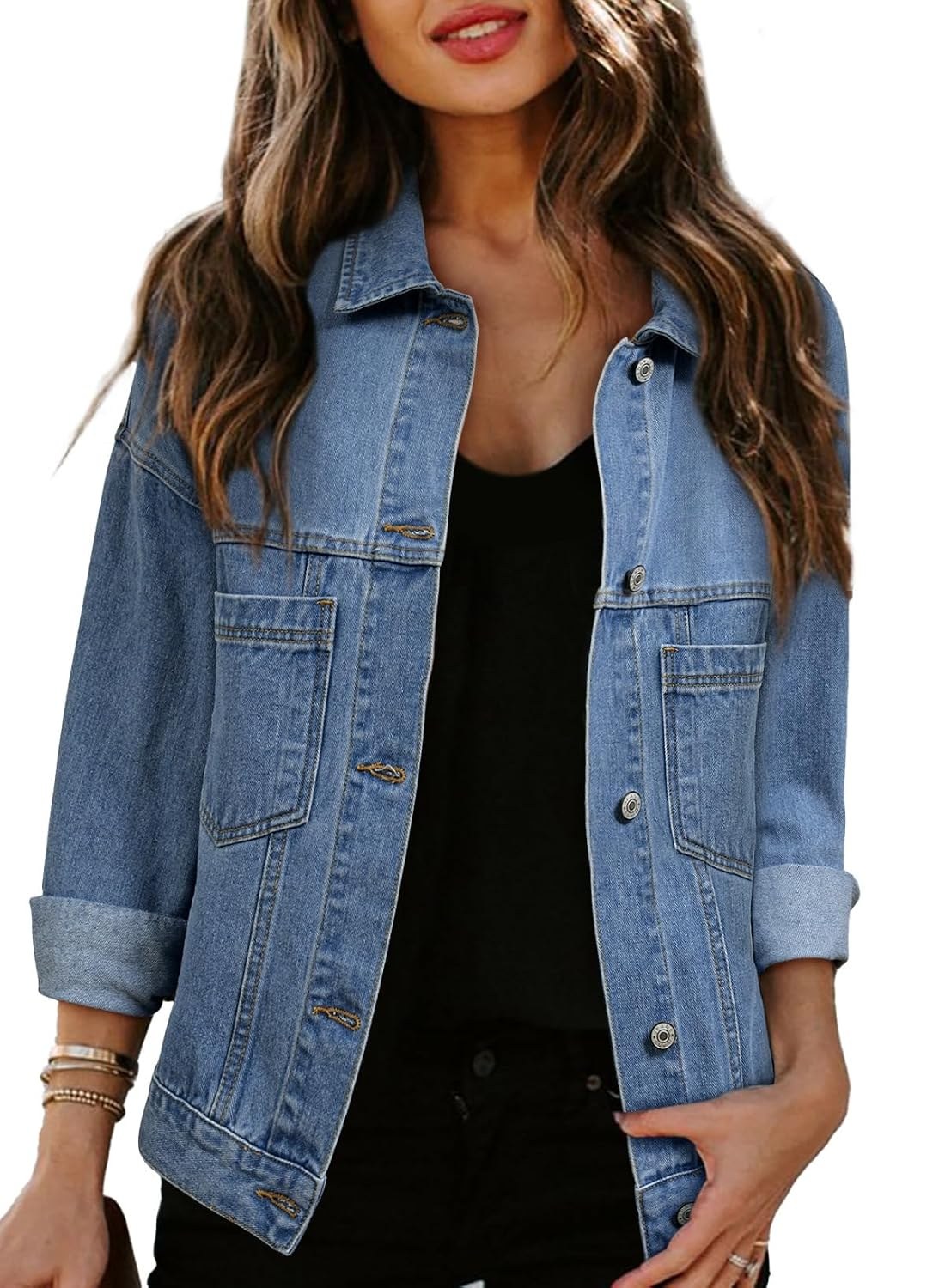 Sidefeel Women's Denim Jackets Casual Long Sleeve Oversized Fall Outfits Jean Jacket