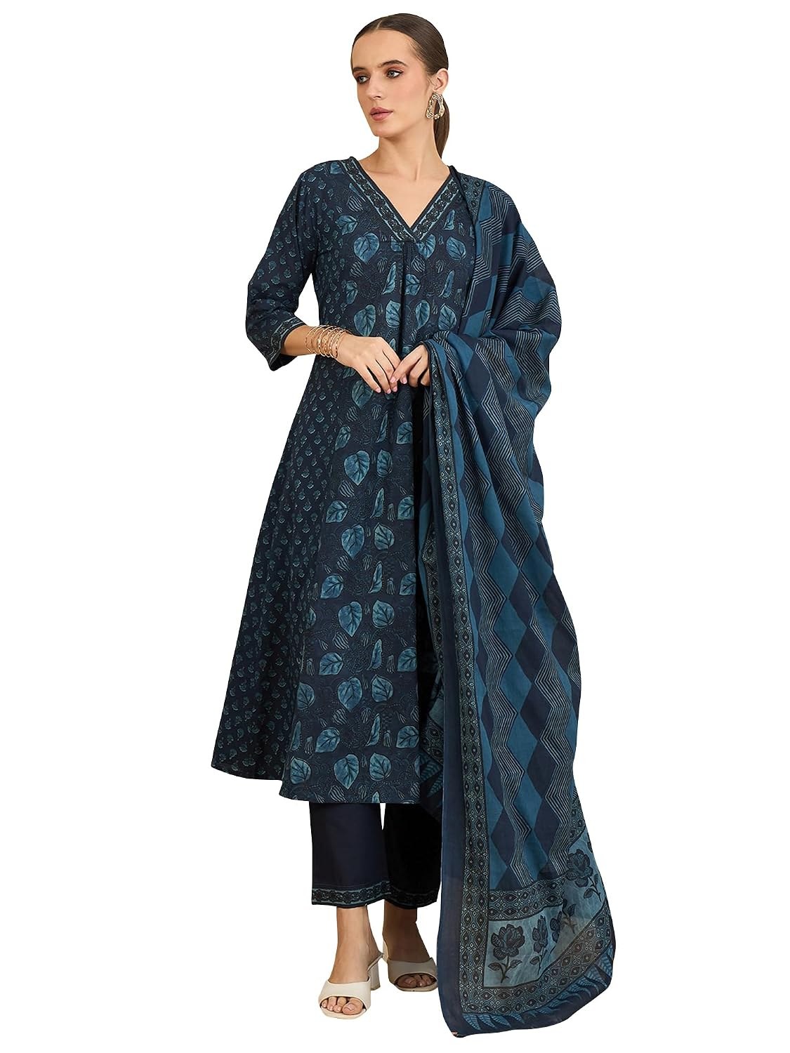 INDO ERA Women's Pure Cotton Geometric Printed Mirror Work Kurta & Pant with Dupatta Set | Suit Set For Women Cotton