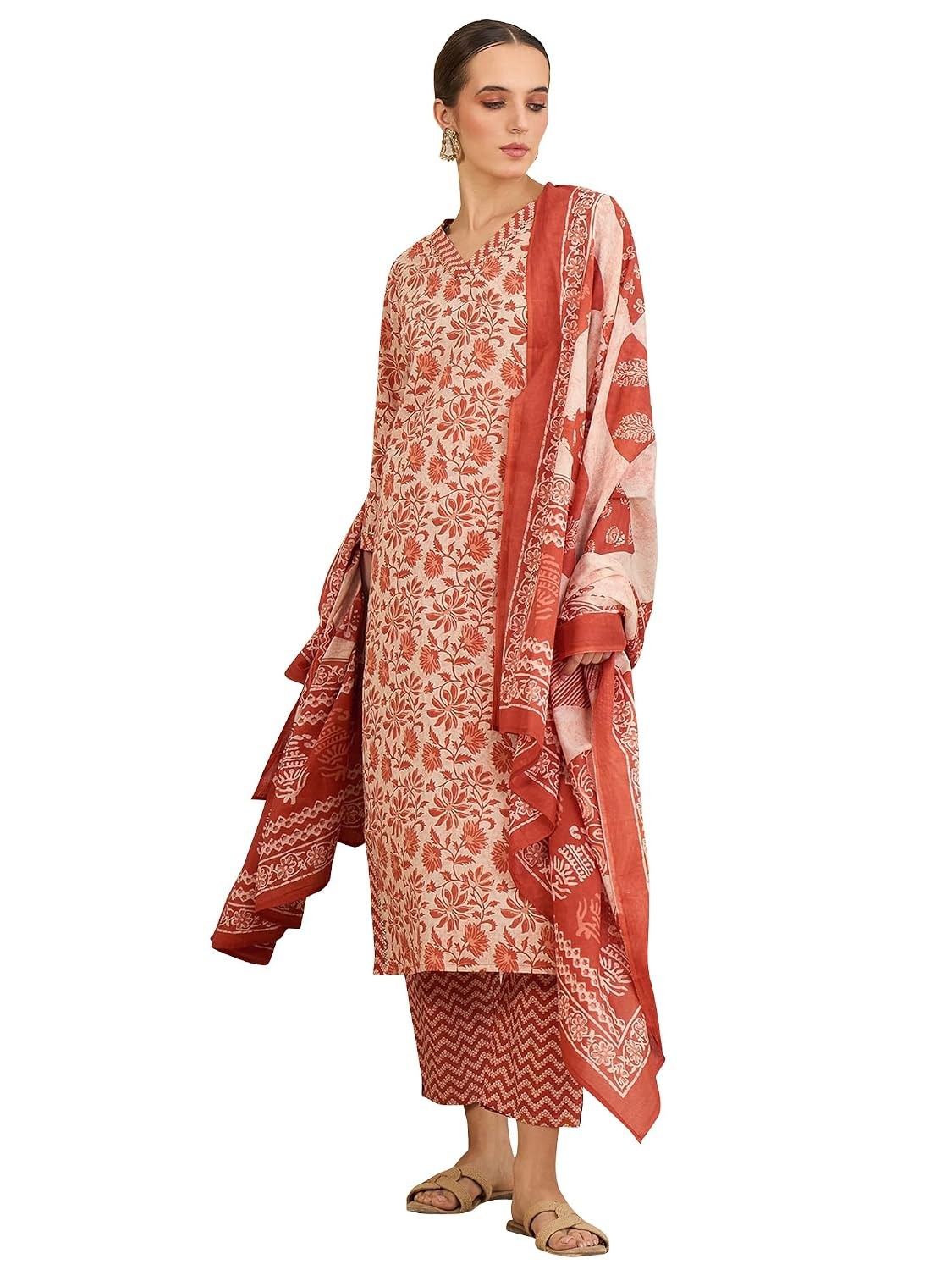 INDO ERA Women's Pure Cotton Printed Straight Kurta & Pant With Dupatta Set