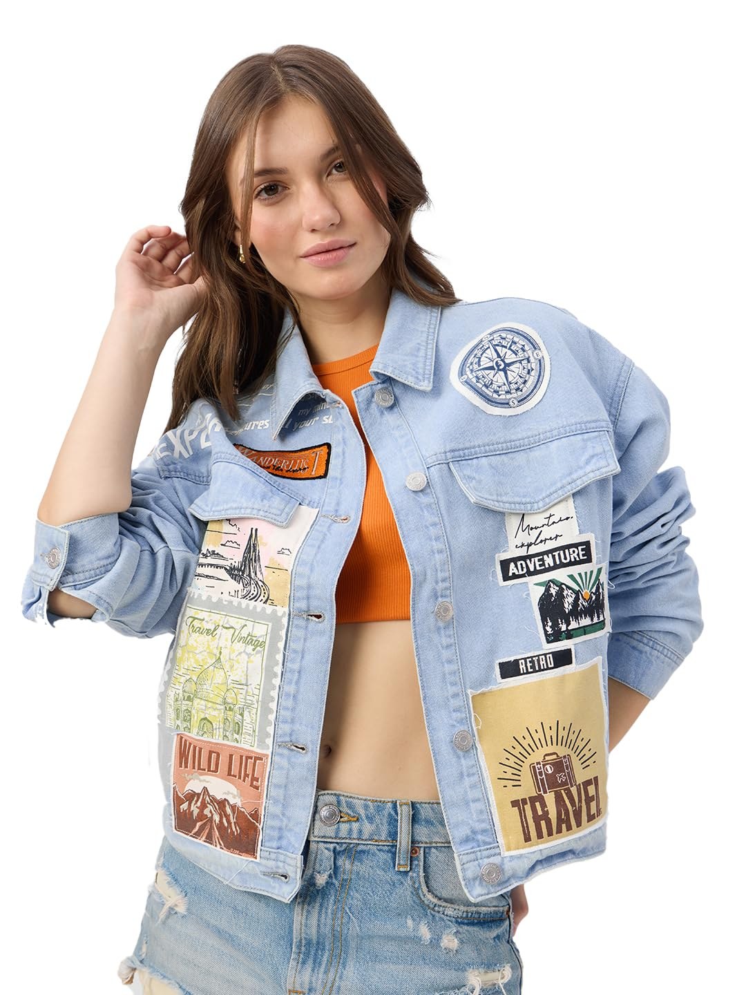 The Souled Store Wanderer Denim Jacket Women and Girls Long Sleeves Collared Neck Button Front Blue Patch Worked Cotton Oversized Denim Jackets