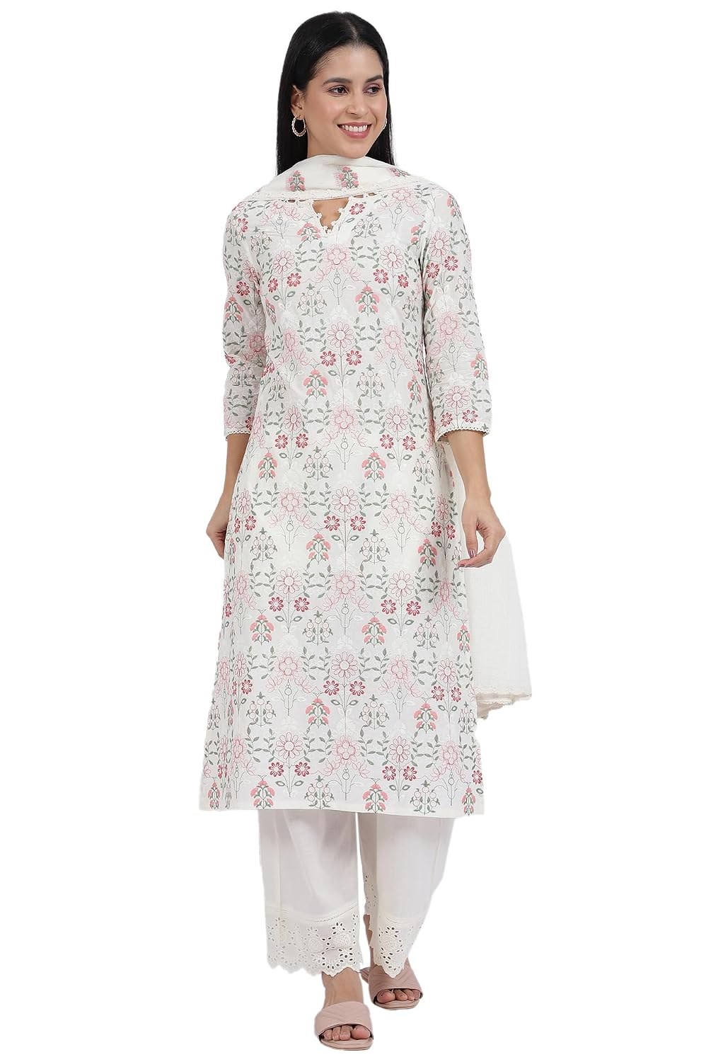 W for Woman Embroidered Lace Kota Straight Kurta & Straight pant with Dupatta Set