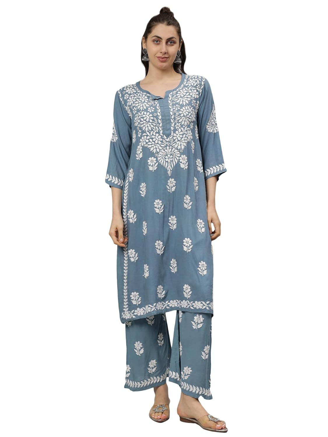 Seva Chikan Hand Embroidered Lucknowi Chikankari Rayon Kurta and Palazzo Set SCL8037