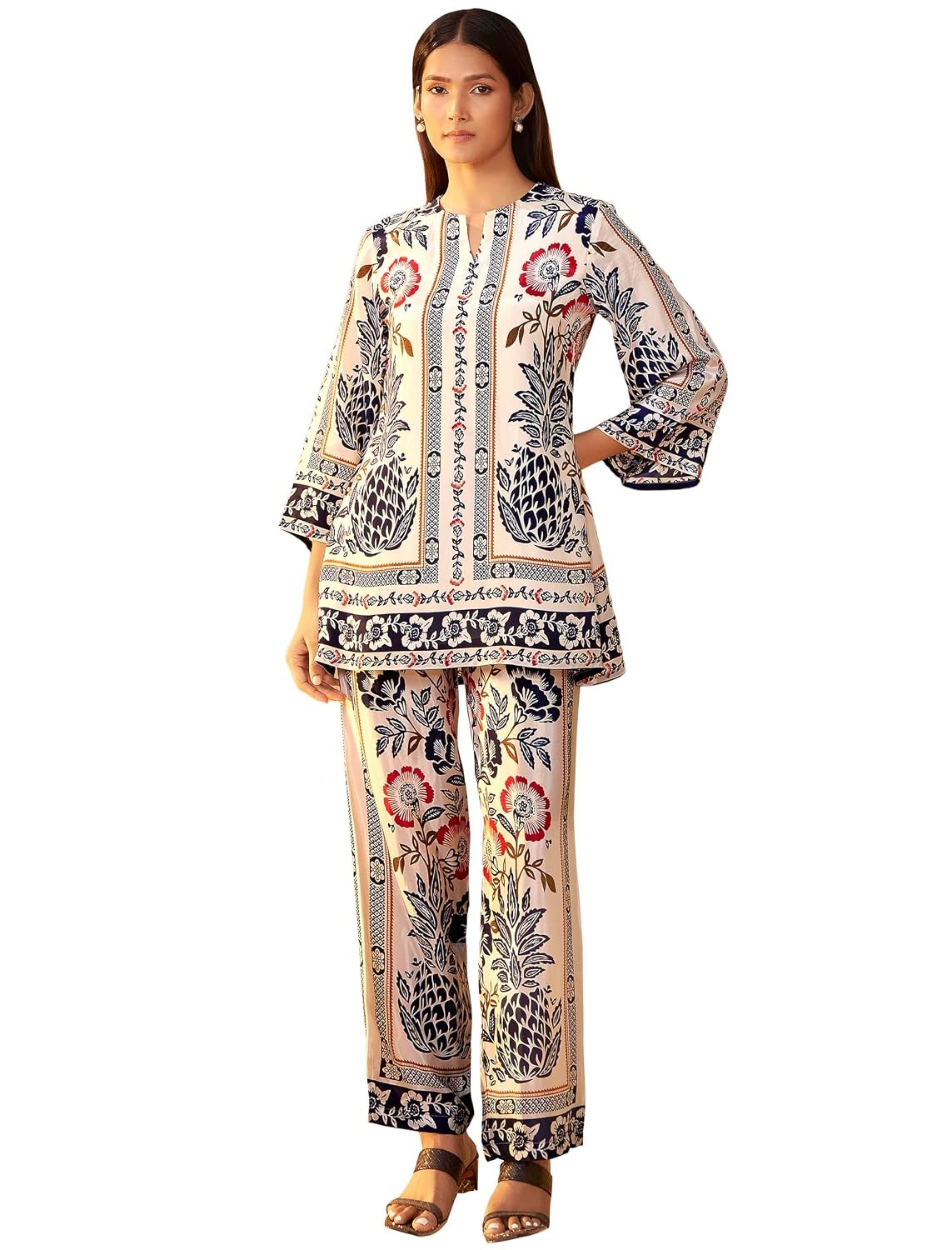 Arangya Pure Crepe Women's Ethinc Floral Design Tunic Top & Printed Pants l Stylish Bell Sleeve Regular Fit Co Ord Set
