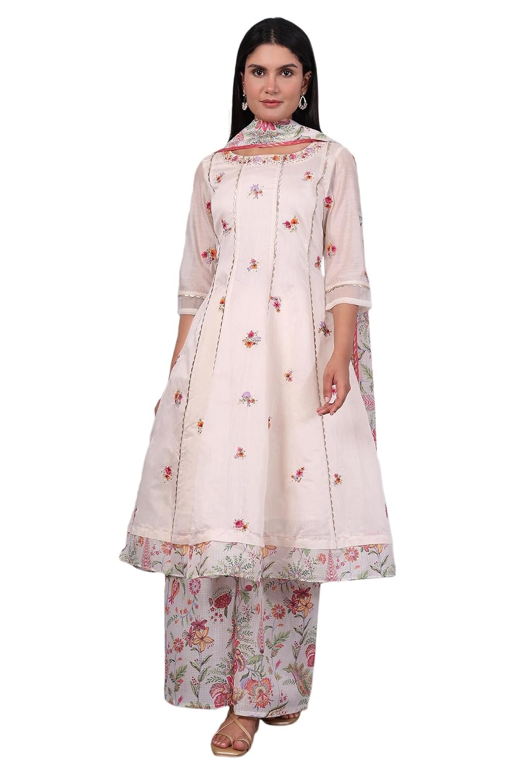 W for Woman Yellow Polka Printed Thread Embroidered Cotton Dot Texture A-Line Kurta, Straight Pant And Dupatta Set