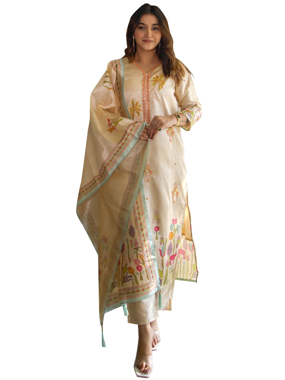 VredeVogel Women's Viscose Silk Blend Straight Kurta Pant Set with Printed Dupatta for Festive & Casual Ethnic Kurta Sets
