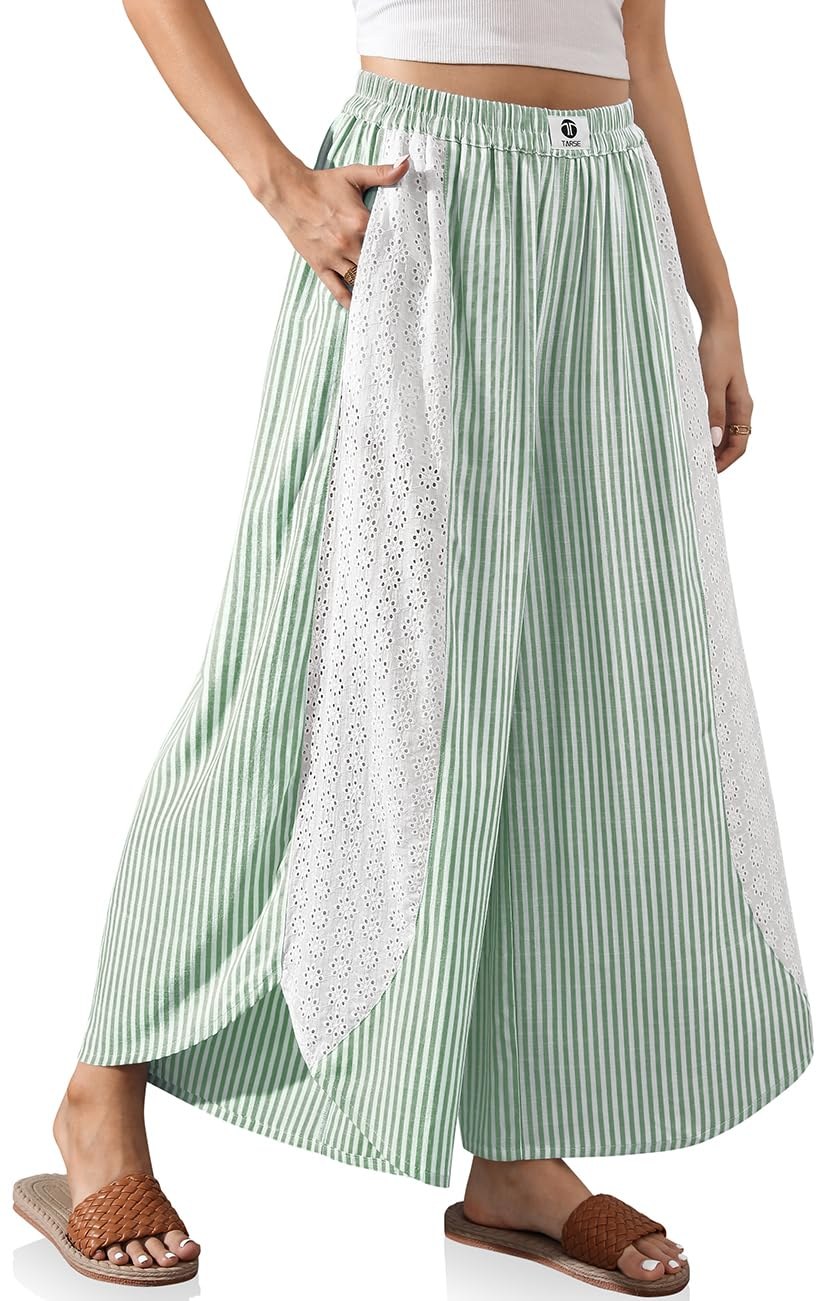TARSE Womens Wide Leg Striped Boho Palazzo Pants with Lace Panel Summer Loose Elastic Waist Beach Vacation Lounge Pants