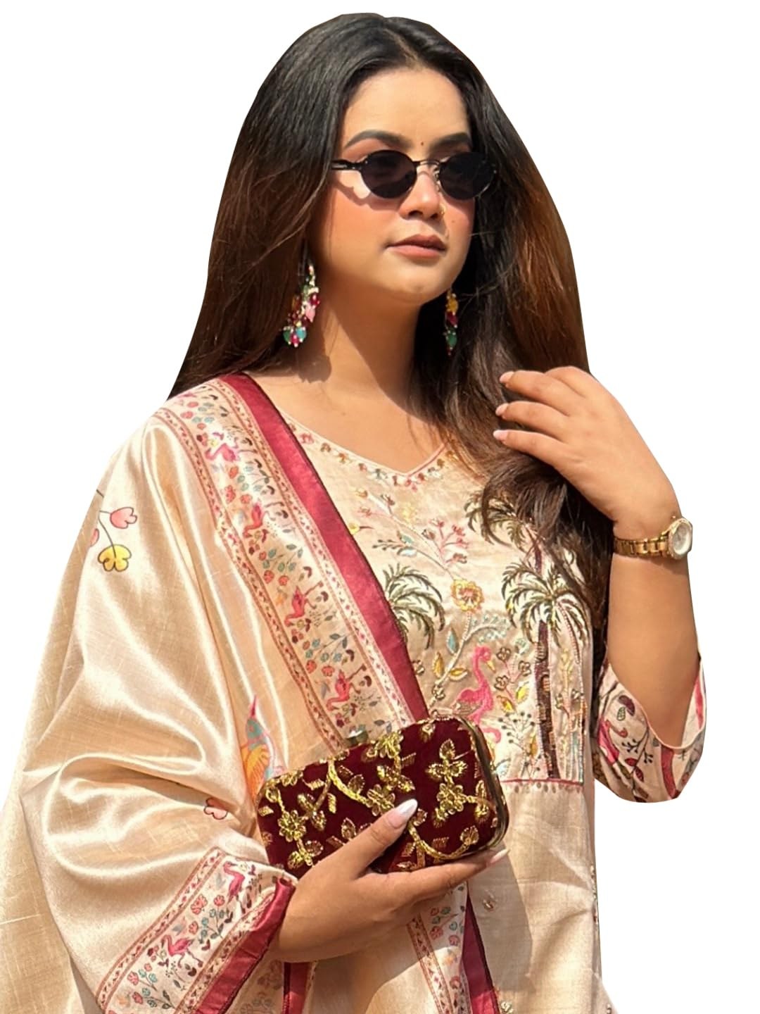 VredeVogel Women's Beads Embroidered Viscose Assam Silk Kurta Pant Set with Printed Dupatta for Festive & Casual Ethnic Kurta Sets