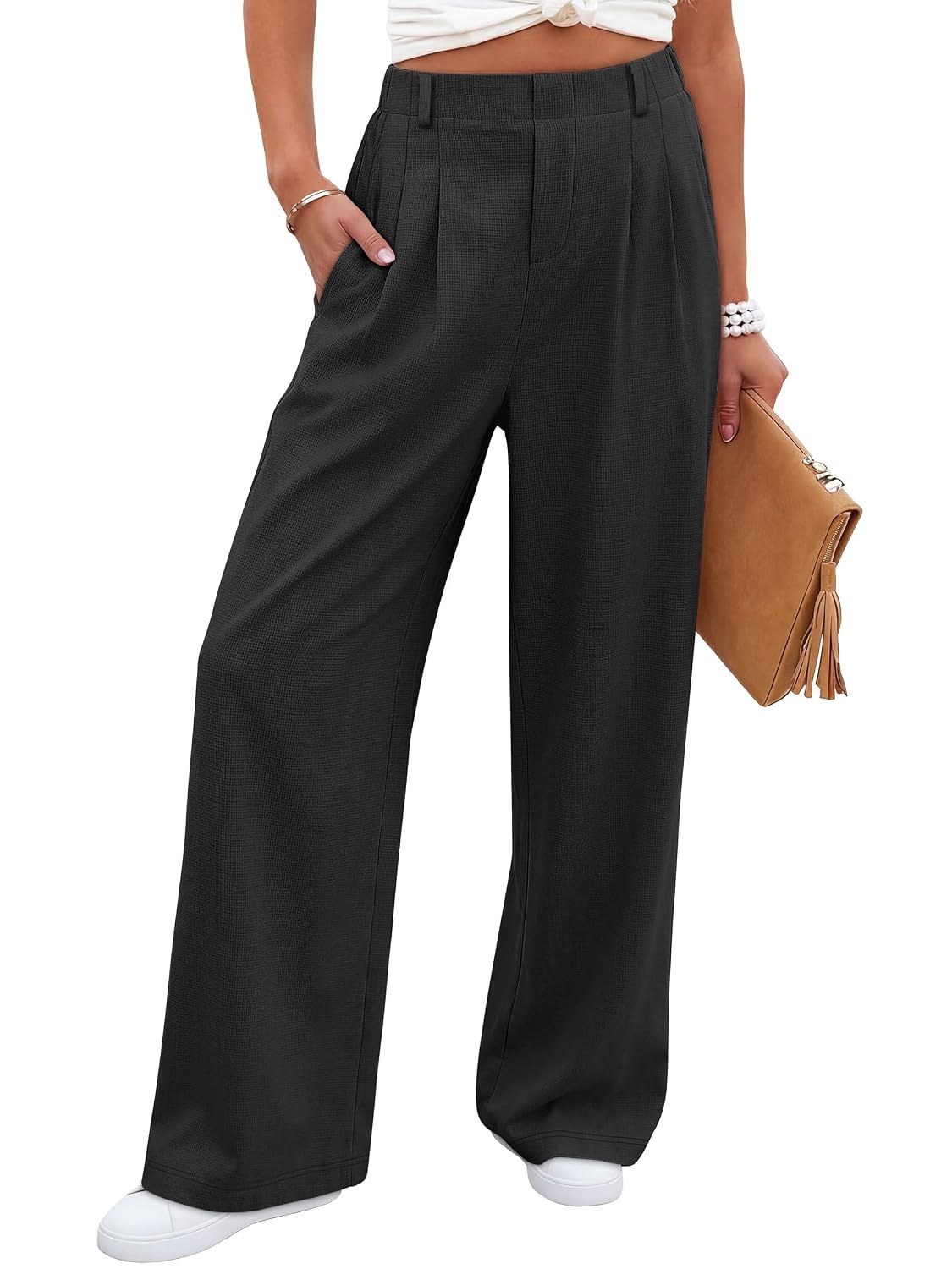 ANRABESS Women Wide Leg Pants Stretchy Work Dress Pants Waffle Knit Business Casual Pull on Palazzo Slacks Trousers Outfits