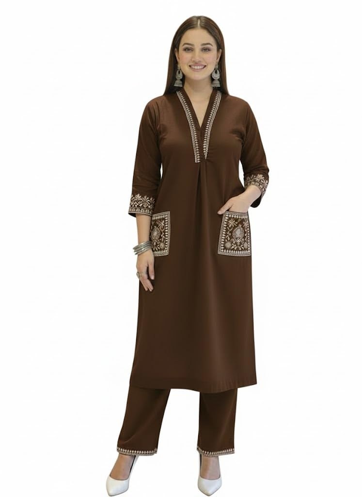 SHIENZY Women's Embroidered Kurta Set with Pants | 3/4 Sleeve V-Neck Kurti with Floral Thread Work | Ethnic Indian Wear for Casual & Festive Occasions | Comfortable Co-ord