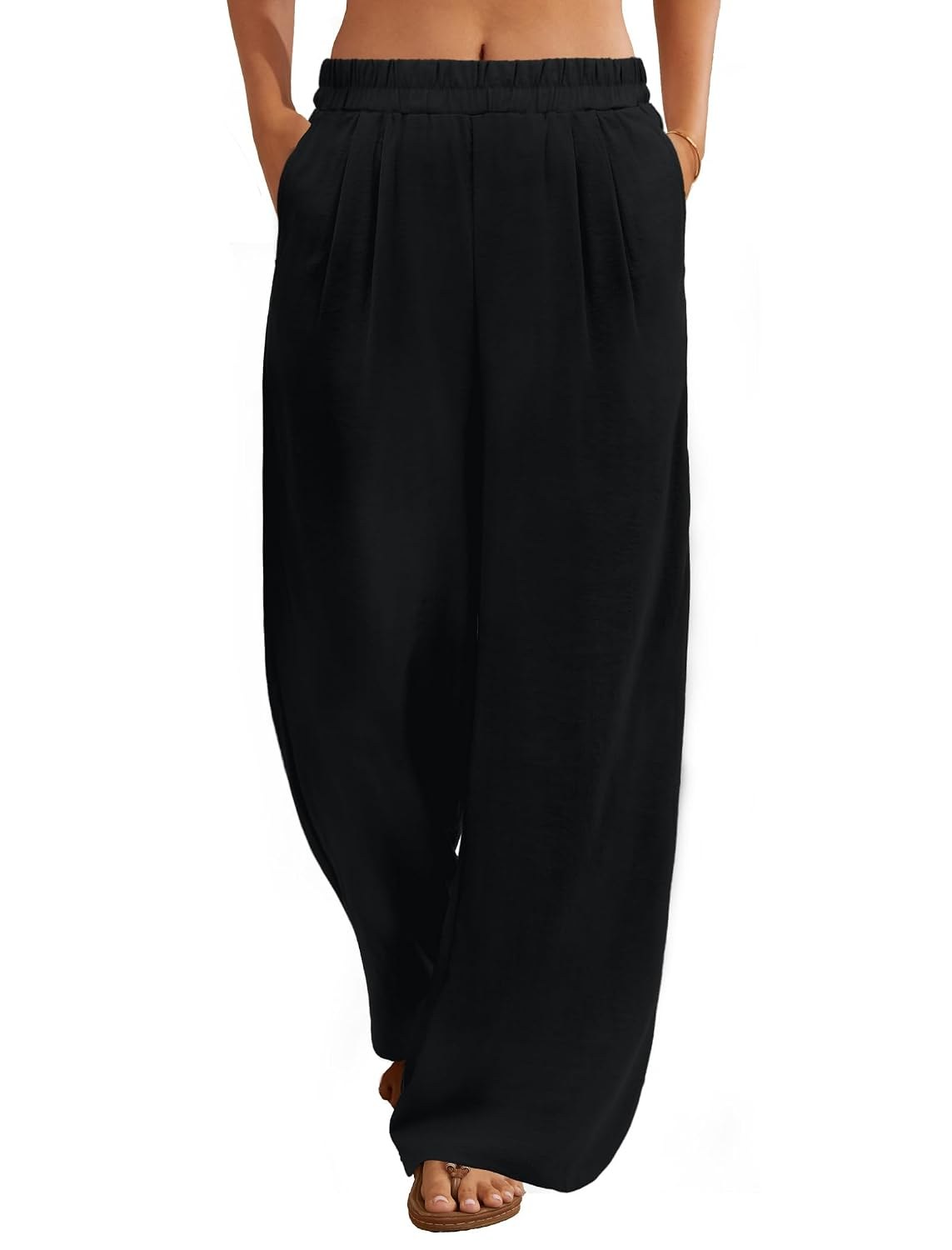 FireSwan Linen Pants Women Wide Leg Palazzo Pants Flowy Elastic Waist Summer Beach Casual Trousers with Pockets