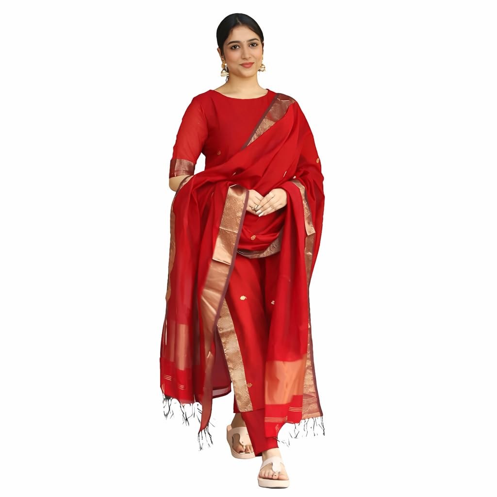 Women's Kurti Dupatta Set with Kanchi Cotton | V-Neck Straight Calf Length Kurta with 3/4 Sleeves | Ethnic Wedding, Festive & Casual Wear for Women|2 Piece Set