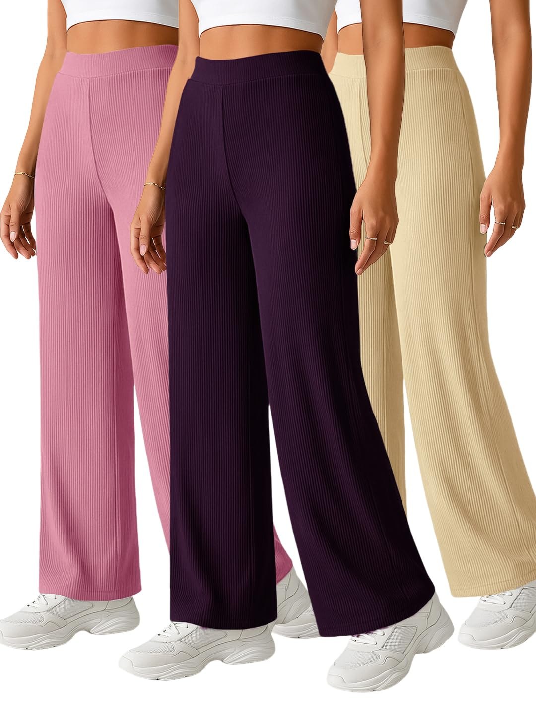 Pinkmint Women's Palazzo Pants High Waist | Wide Leg Stretchable Trousers | Elastic Waist Flared Pants | Casual, Office, Travel, Lounge Stylish Comfortable Bottom Wear