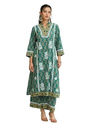 House of Chikankari MUL Cotton Chikankari Printed Long Kurta Set for Women | Straight Fit Round Neck Kurti Set | 3/4th Sleeve