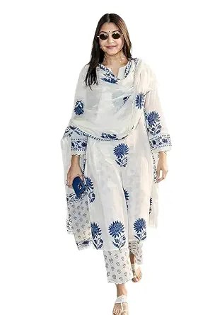 Nermosa Women's Hand Block Floral Printed Straight Kurta Set with Palazzo Pants & Dupatta Ethnic Kurta Set for Casual Outings Day Events Summer Wear Festive
