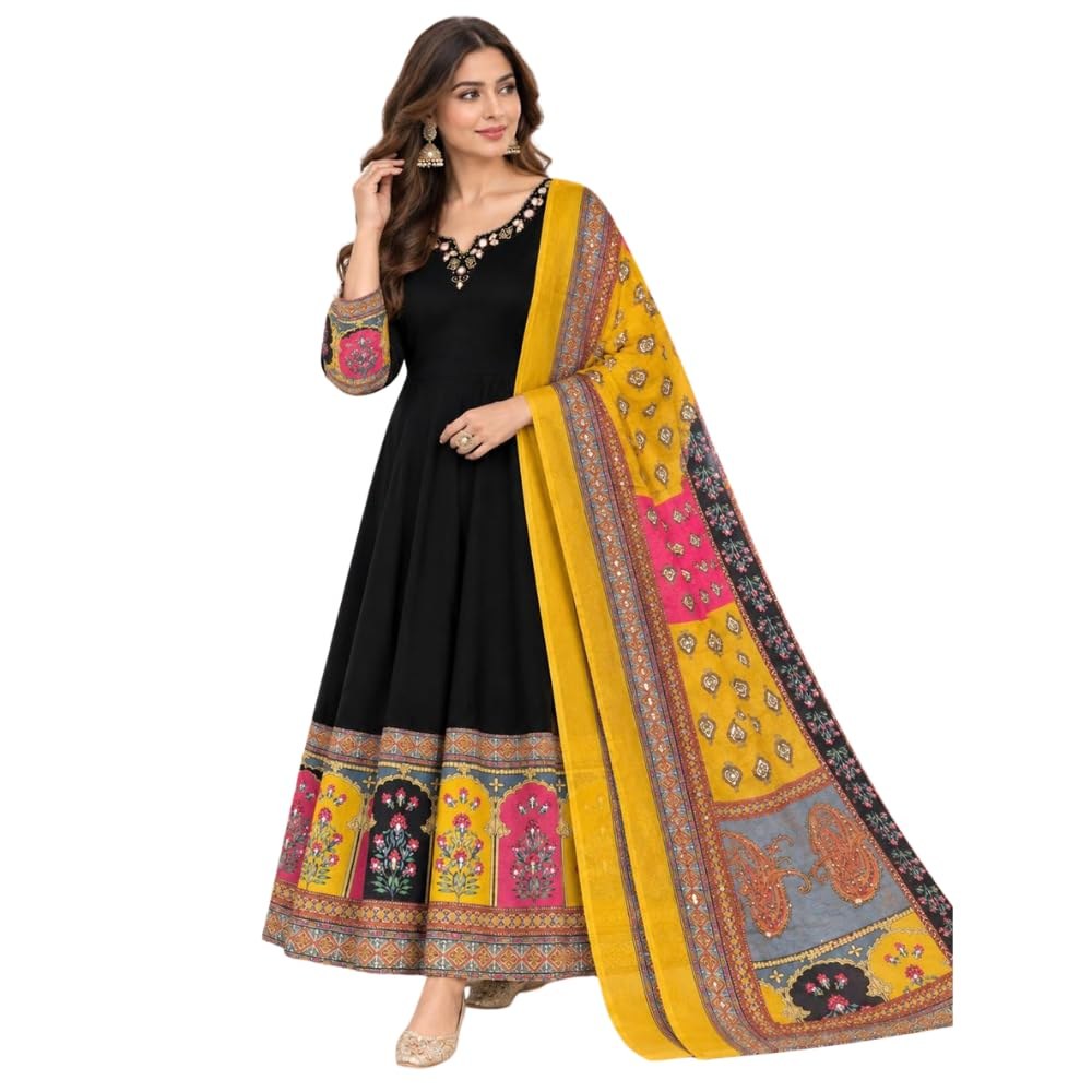 Women's Black Anarkali Kurta with Printed Dupatta Set | Ethnic Long Flared Kurti | V-Neck Full Sleeve Traditional Indian Outfit for Festive, Wedding, Party & Casual Wear