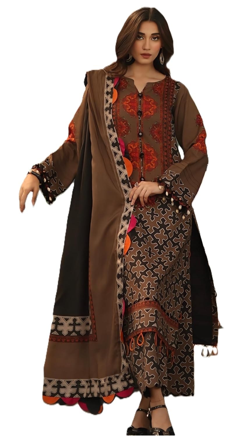 Women's Brown Multicolor Printed Crepe Kurta Pant & Dupatta Set | Geometric & Floral Printed Ethnic Suit Set| Festive, Office & Casual | Plus Size Available M to 6XL