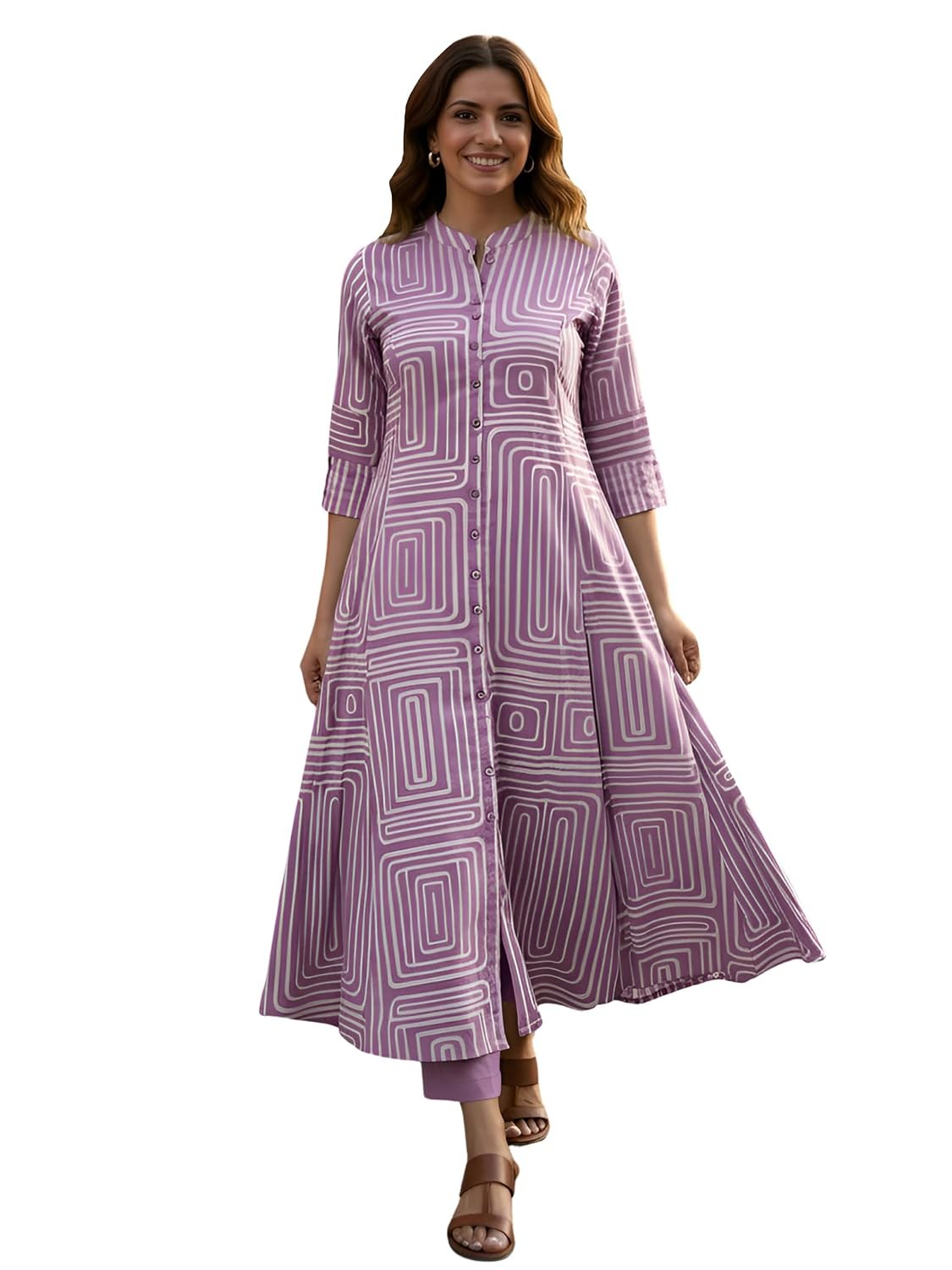 Yash Gallery Women's Cotton Printed A-Line Kurta with Pant Set |Lilac Geometric Print|Mandarin Collar, Front Buttons & Short Roll-Up Sleeves|Casual & Office Ethnic Wear