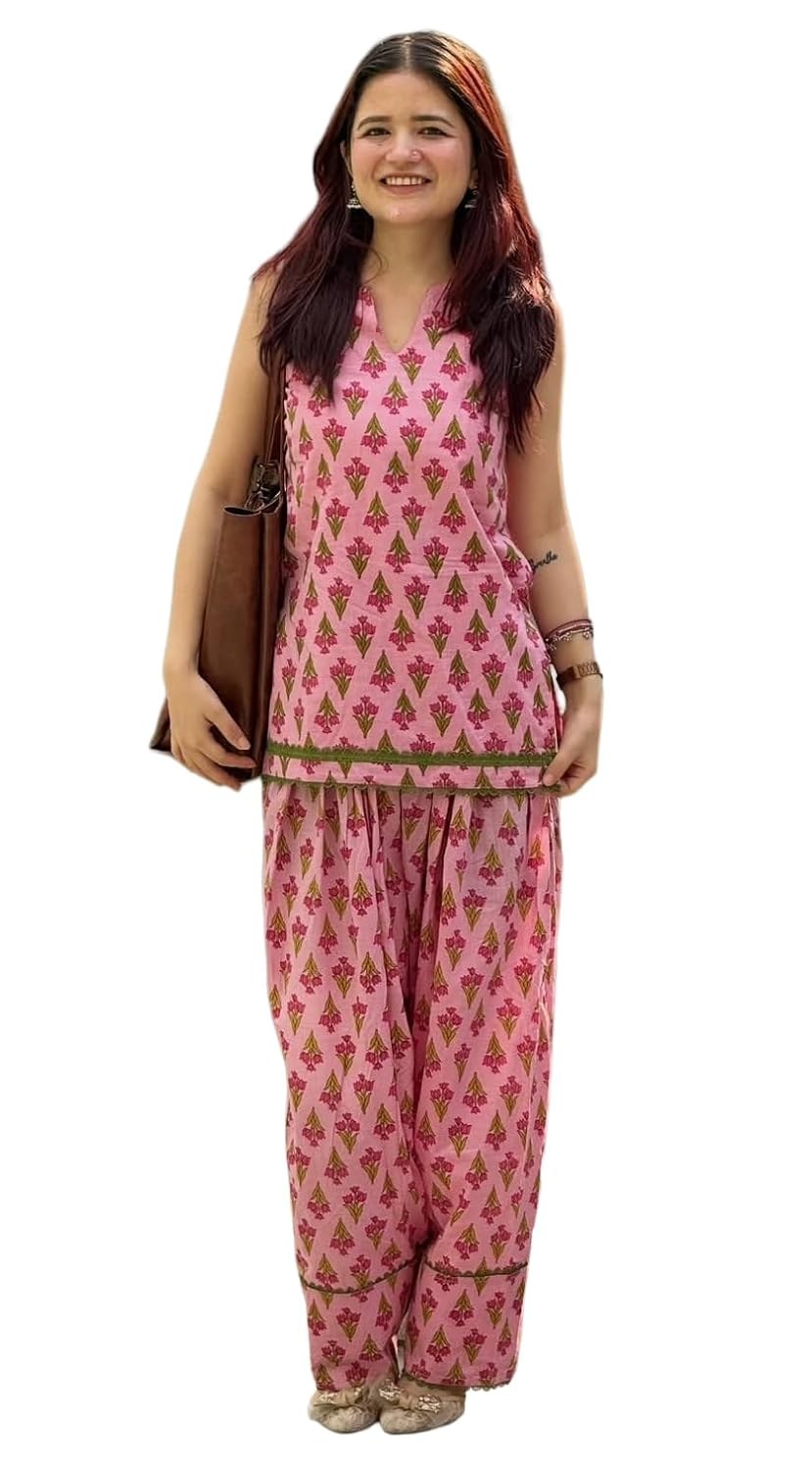 KLOSIA Women's Viscose Printed Sleeveless Kurta Palazzo Set | Round Straight Kurta with Matching Palazzo Pants | Casual Ethnic Co-Ord Set for Women |Summer Friendly, Office Wear