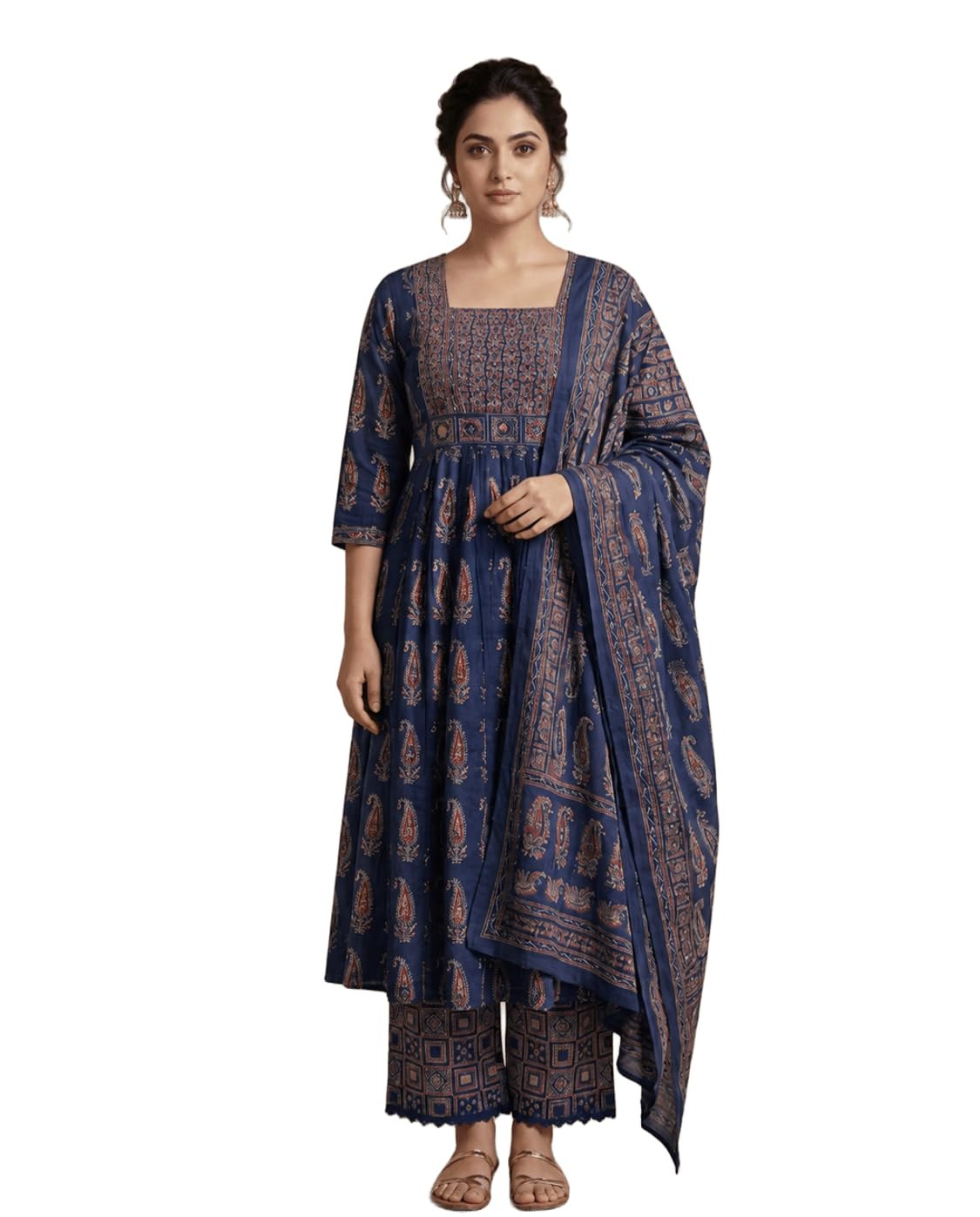 Celary Women's Kurtas & Kurtis||Traditional Gold Buti Printed Kurta Set for Women||Jaipuri Hand Block 60x60 Cotton||Straight Ethnic Kurta with Dupatta & Palazzo Pants||Casual, Office