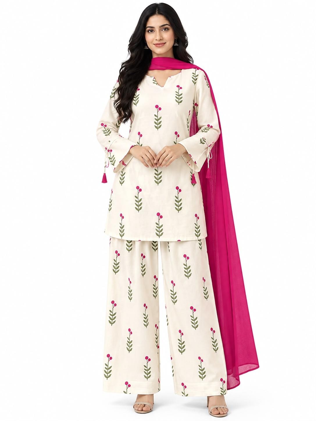 Women's 100% Cotton Flower Print Kurta Palazzo Set with Dupatta | Floral Printed Cotton Suit Set for Women | Ethnic Wear Kurta Pant Set | Comfortable Traditional Festive & Casual Outfit