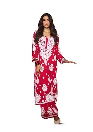 House of Chikankari Women's Modal Chikankari 2-Piece Kurta Set - Red 45-Inch Long Kurta with Bottom | Ghaspati Chikankari Embroidery | Round Neck | 3/4 Sleeves