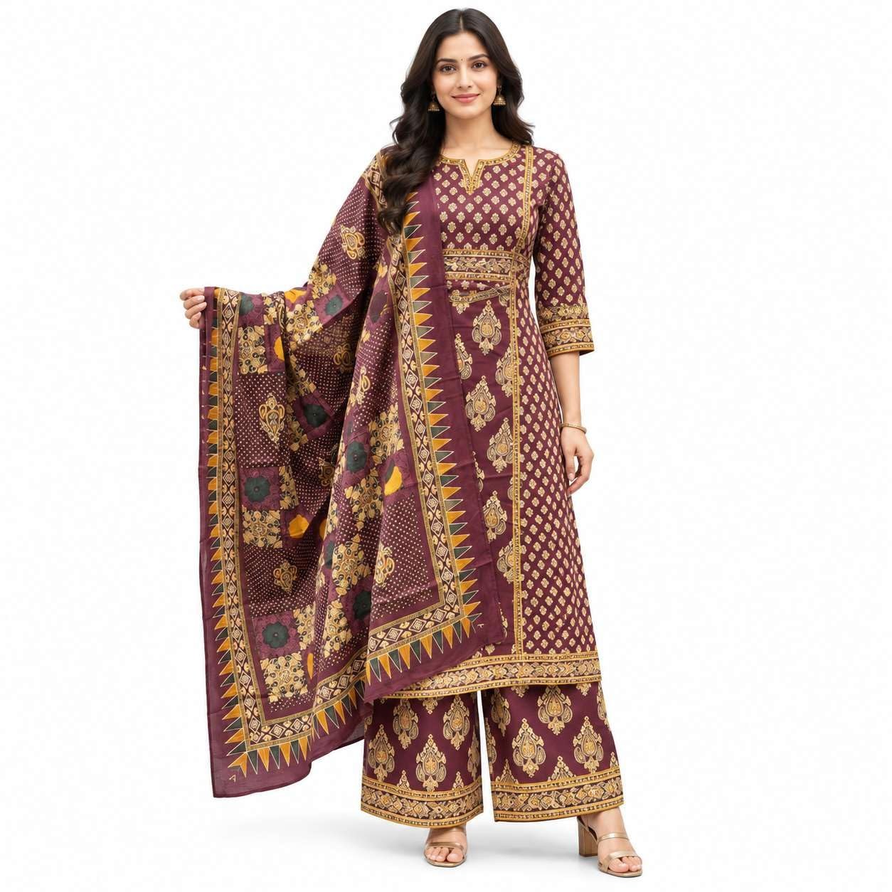 GA-ENTERPRISES Women's Cotton Ethnic Printed Straight Kurti With Pant and Dupatta Seta
